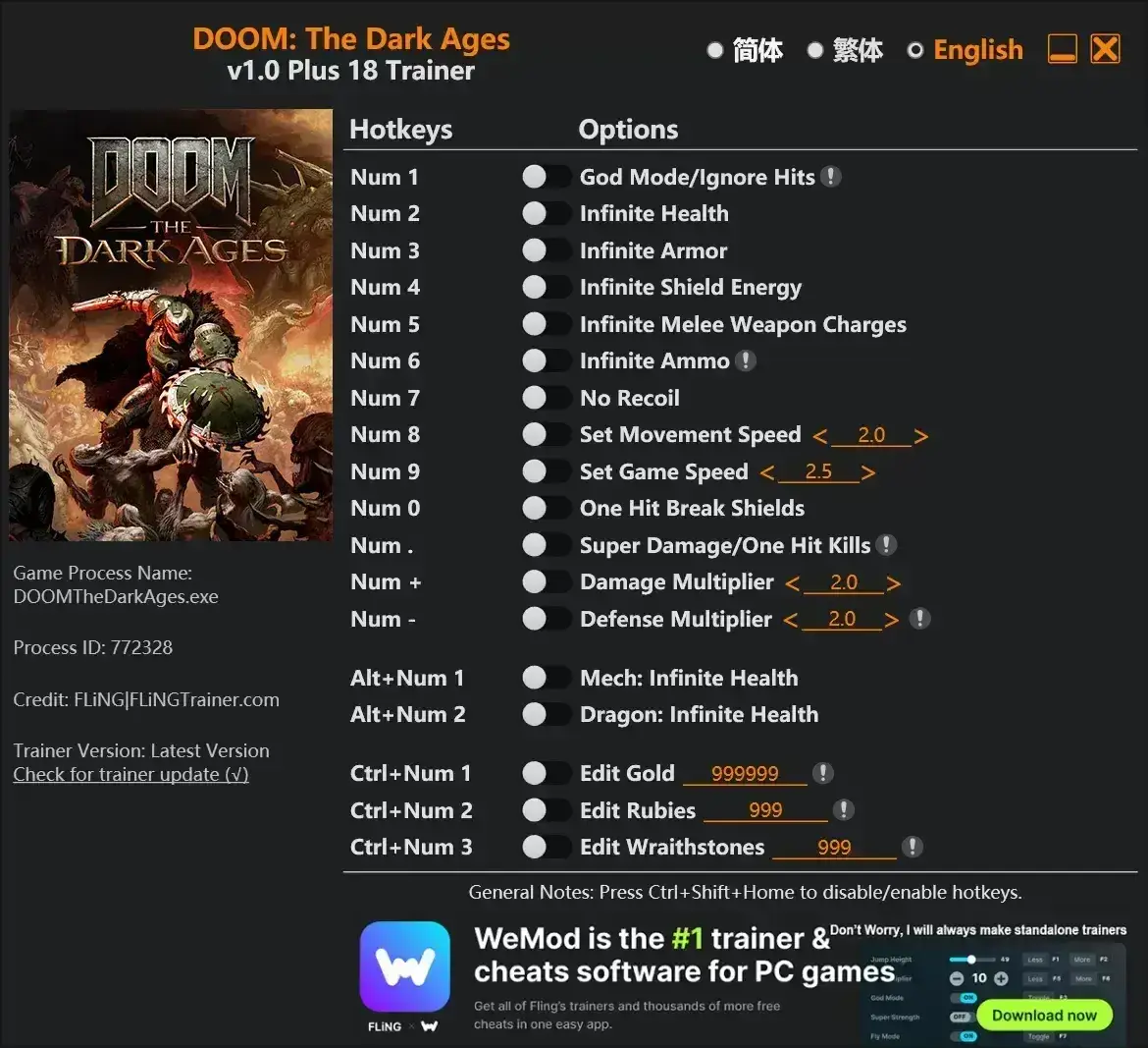 毁灭战士:黑暗时代单机游戏存档编辑器 - DOOM:The Dark Ages trainer